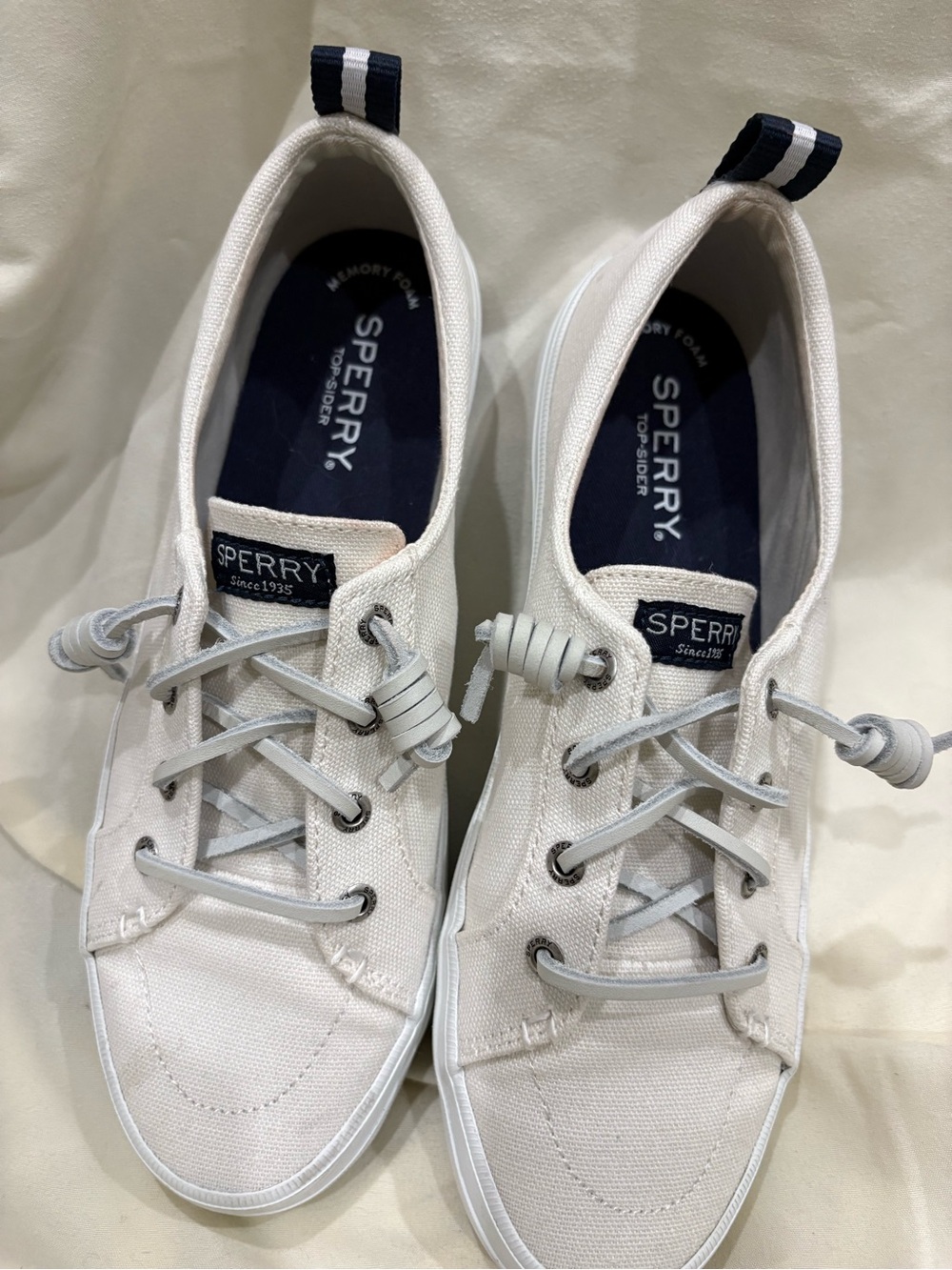 Sperry Women’s White Canvas Boat Shoes with Navy Accents